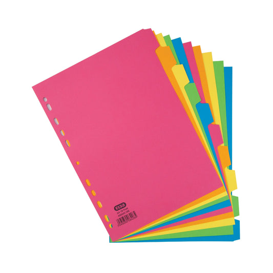 Elba Bright Coloured Card Dividers A4 Multipunched 10 Part 400008300