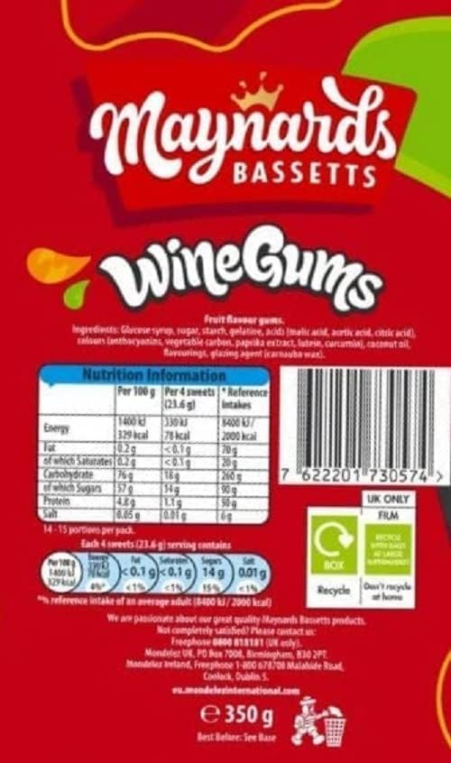 Maynards Bassetts Wine Gums Sweets Carton 350g