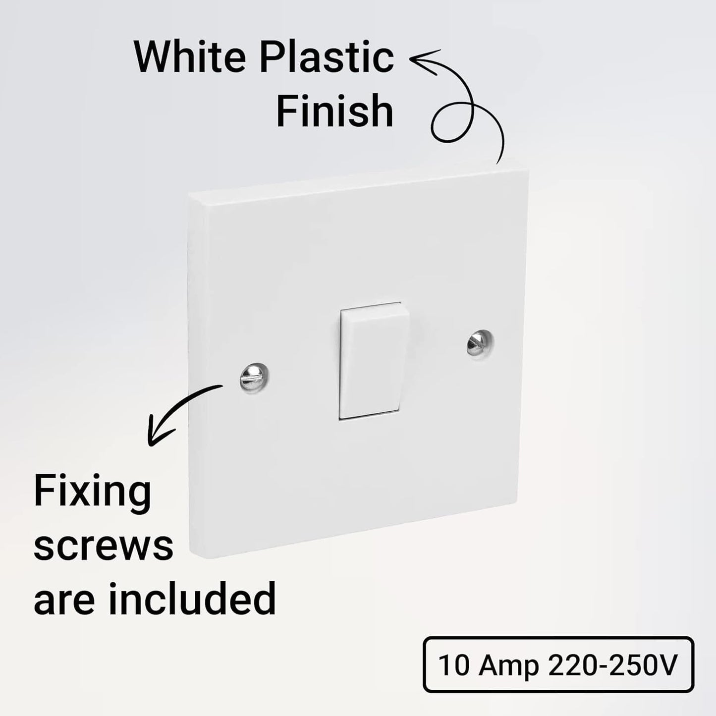 Dencon Electritcal Single Gang Light Switch | 1 Gang 2 Way | White Plastic 10A