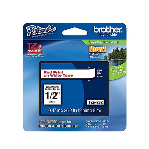 Brother P-Touch TZe Lam Tape Cassette 12mm x 8m Red on White Tape TZE232