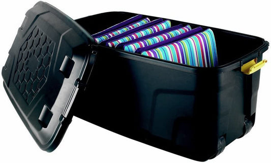 Strata 145 Litre Heavy Duty Plastic Smart Trunk with Lid, Clip Lock and Wheels