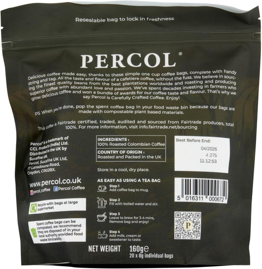Percol Colombian Coffee Bags 8g Pack 20s