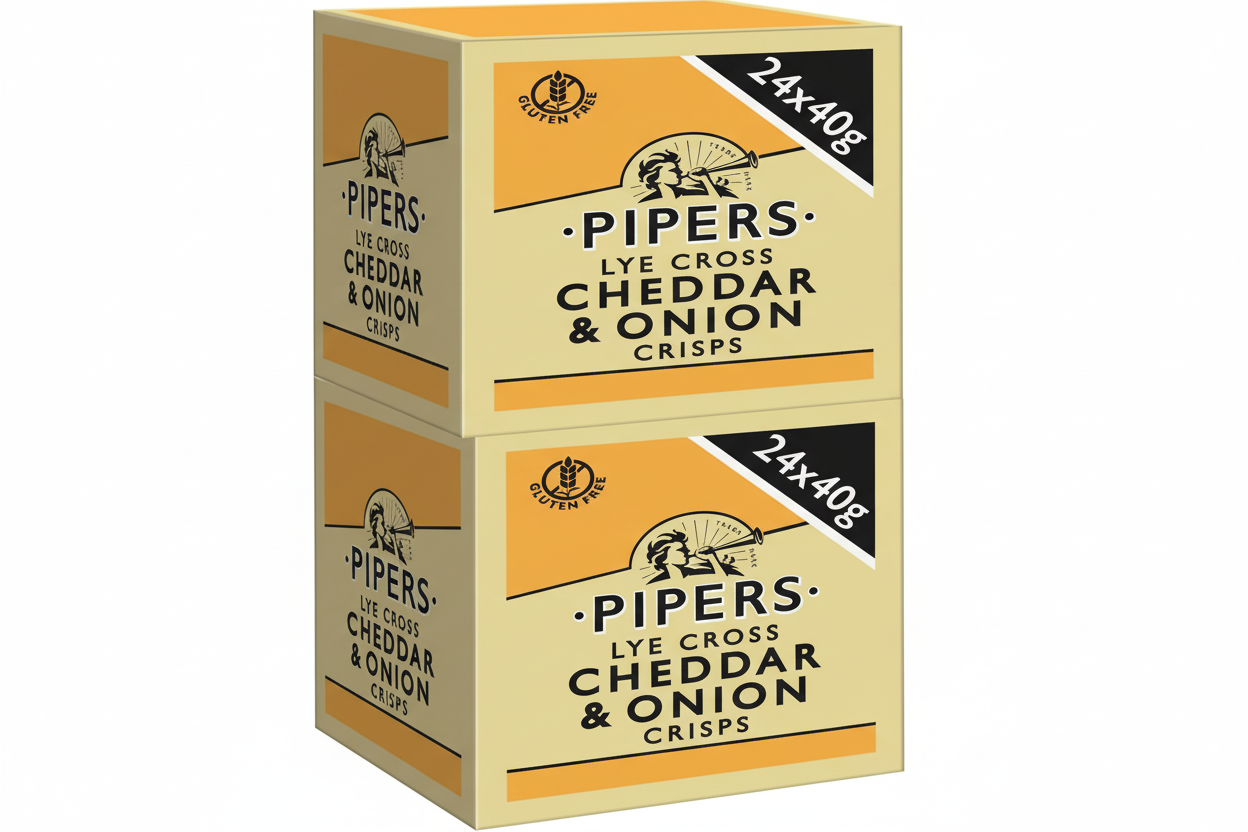 Pipers Gluten-Free Lye Cross Cheddar & Onion Vegetarian Crisps Multi-Pack | 24 x 40g