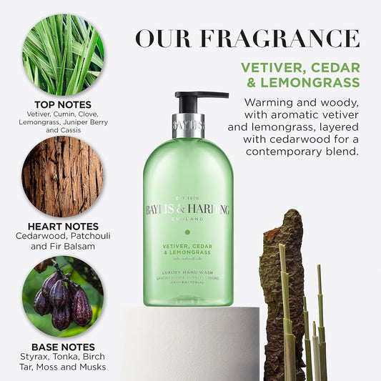 Baylis & Harding Vetiver, Cedar & Lemongrass | Anti-Bacterial Luxury Hand Wash | 1 x 500ml