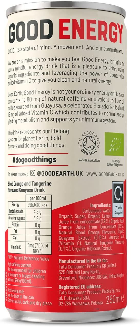 Good Earth Tea Co. Orange and Tangerine Good Energy Drink, 12 Cans of 250 ml Orange & Tangerine