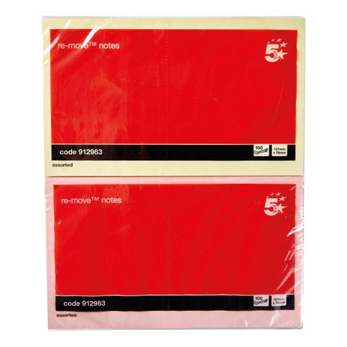 5 Star Re-Move Sticky Notes Repositionable 76x127mm Assorted Pastel (Pack of 12) 912963