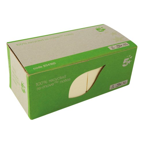 5 Star Recycled Re-move Sticky Notes Repositionable 76x76mm Yellow (Pack of 12) 934180