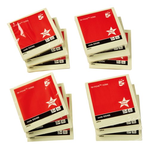 5 Star Re-Move Sticky Notes Repositionable 76x76mm Yellow (Pack of 12) 935466