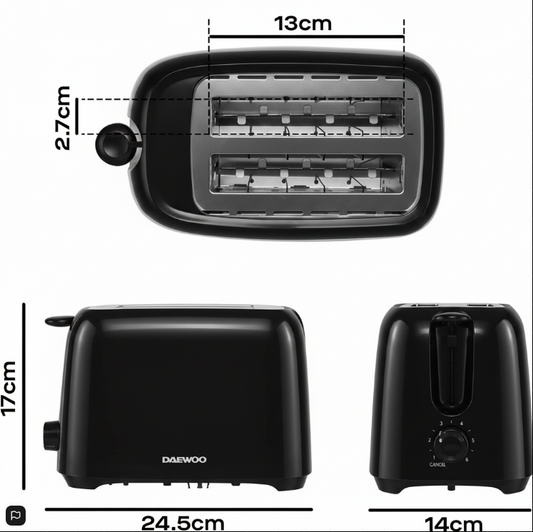Daewoo Essentials 2 Slice Toaster | Black | 700W