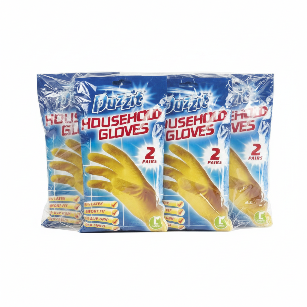 Duzzit Household Gloves | 100% Latex | Comfort Fit | Lined | 5 Packs Of 2 | Size Large | Yellow