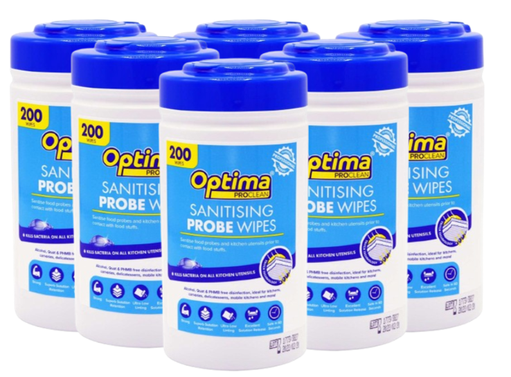 Optima Sanitising Food Probe Wipes for kitchen Utensils (Tub of 200)