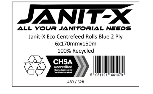 Janit-X Eco 100% Recycled XL Centrefeed Rolls Blue 6 x 150m CHSA Accredited