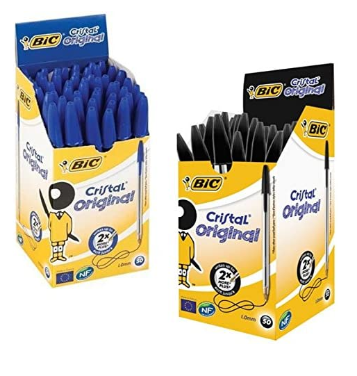Bic Cristal medium Point Pens x 100 { 50 Black/50 Blue}