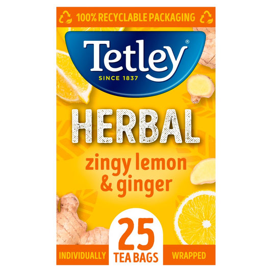 Tetley Herbal Zingy Lemon & Ginger Compostable, Wrapped Tea Bags 12 x 25's