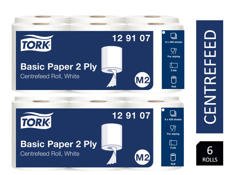Tork 129107 Centrefeed Rolls White x 6's 2ply Paper for M2 System 429sheet/150m