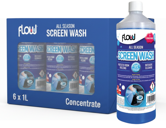 Flow 1L Screen Wash Concentrate | All Season Windscreen Cleaner | Protects to -5°C | Intensive Cleaning Formula