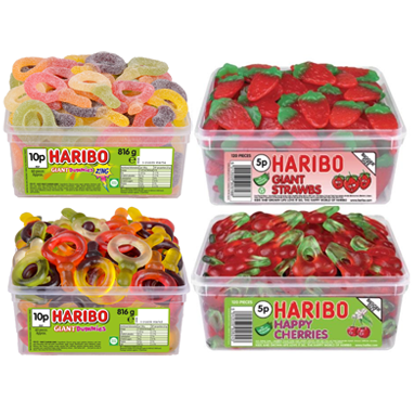 Haribo 4 x Multi Pack Tubs Giant Strawberry's, Sour & Normal Dummies, Happy Cherries