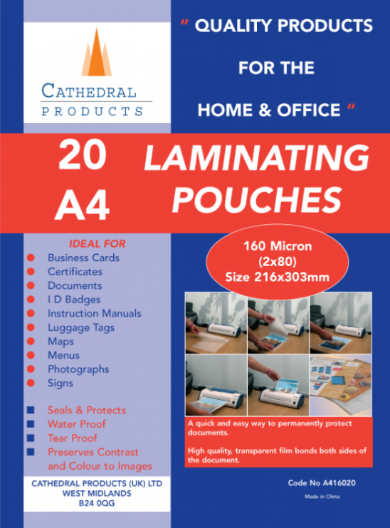 Cathedral A4 150 Micron Laminating Pouch Pack 20's