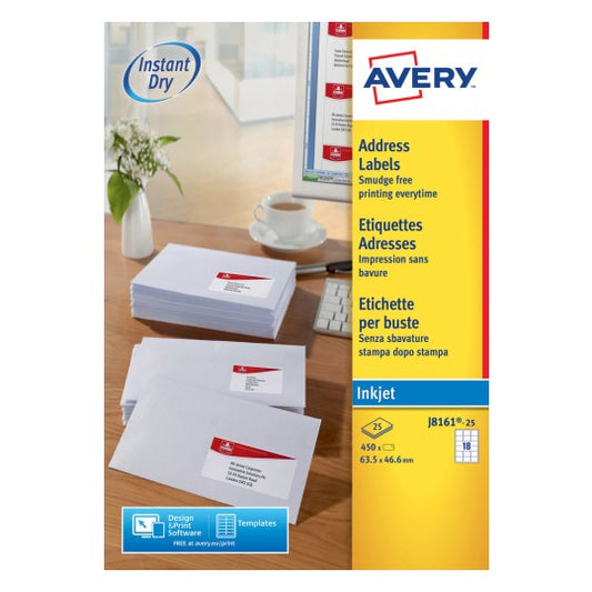 Avery Inkj Label 63.5x46.6mm 18 Per Sheet Wht (Pack of 450) J8161-25