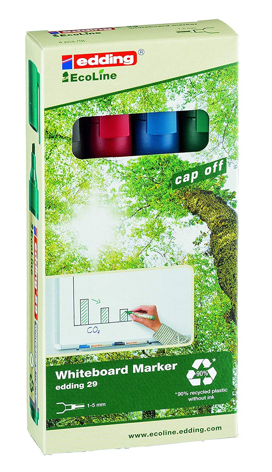 edding 29 EcoLine Whiteboard Marker Chisel Tip 1-5mm Line Assorted Colours (Pack 4) - 4-29-4