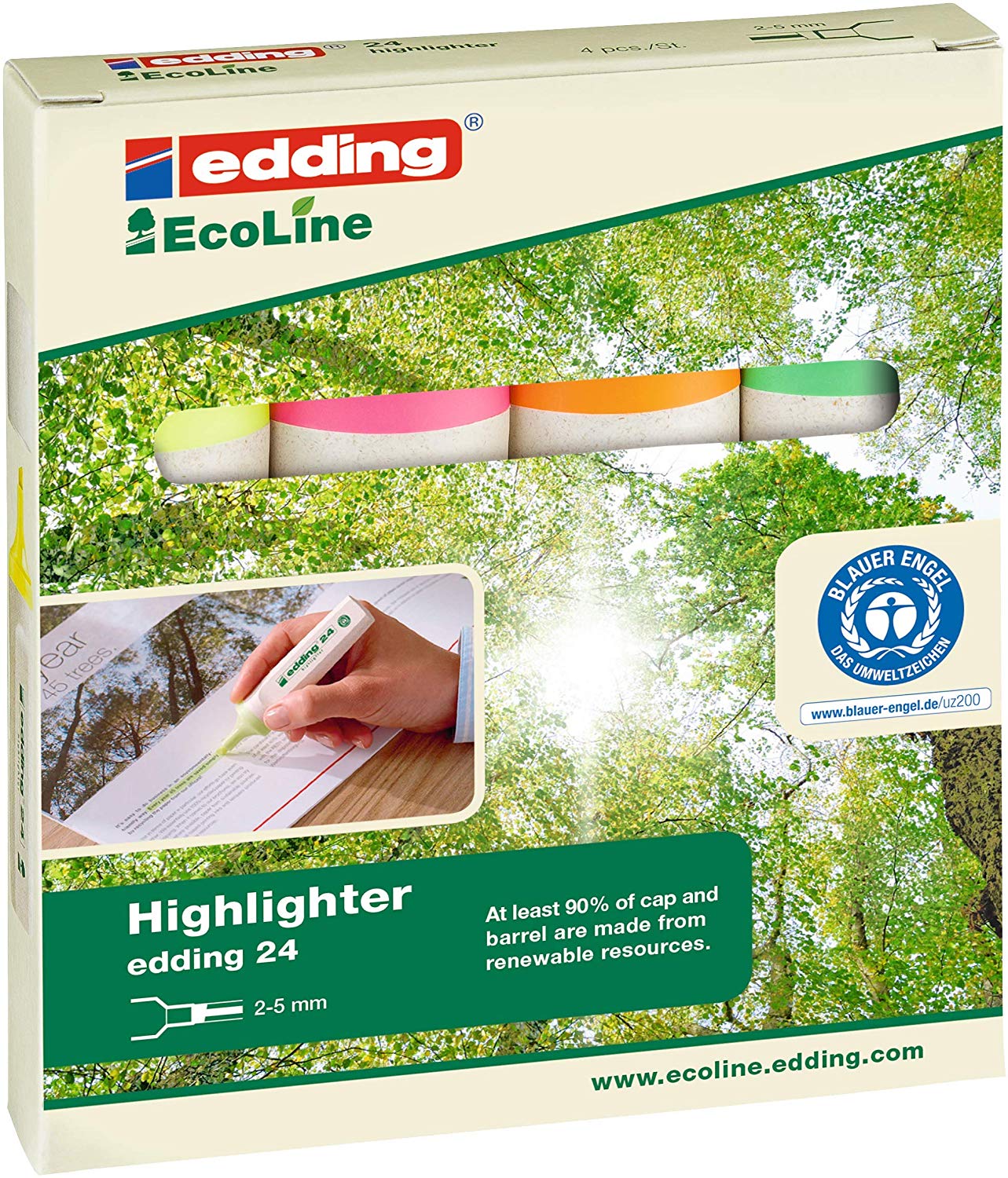 edding 24 EcoLine Highlighter Pen Chisel Tip 2-5mm Line Assorted Colours (Pack 4) - 4-24-4