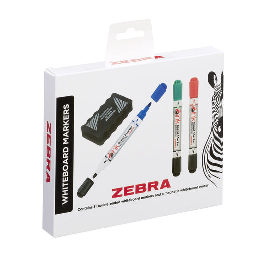 Zebra Double Ended Whiteboard Marker Assorted (Pack 3) with Magnetic Eraser 2719