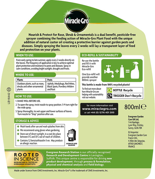 Miracle-Gro 2 In 1 Nourish And Protect Rose, Shrub Plant Food, 800Ml