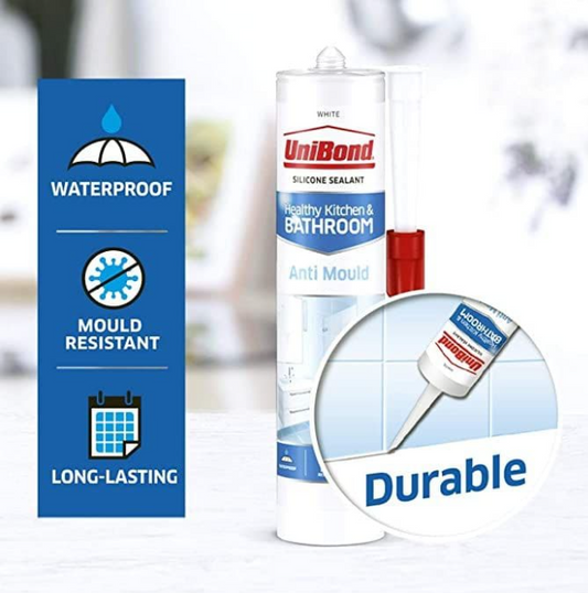 Unibond Anti-Mould White, Waterproof Protection Kitchen & Bathroom Sealant 274G Cartridge