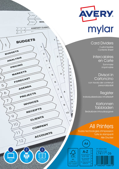 Avery Mylar Divider A-Z A4 Punched 150gsm White Card with White Mylar Tabs 05231061
