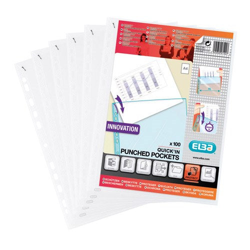 Elba Heavy Duty Quick-in Punched Pockets / Polypropylene / A4 / Clear / Pack of 100