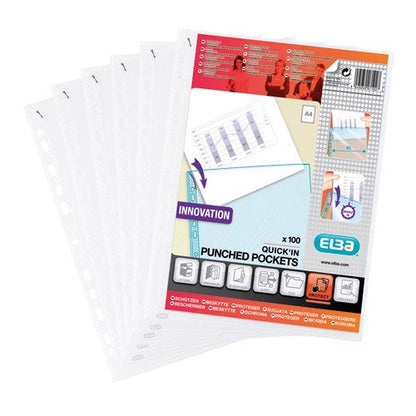 Elba Heavy Duty Quick-in Punched Pockets / Polypropylene / A4 / Clear / Pack of 100