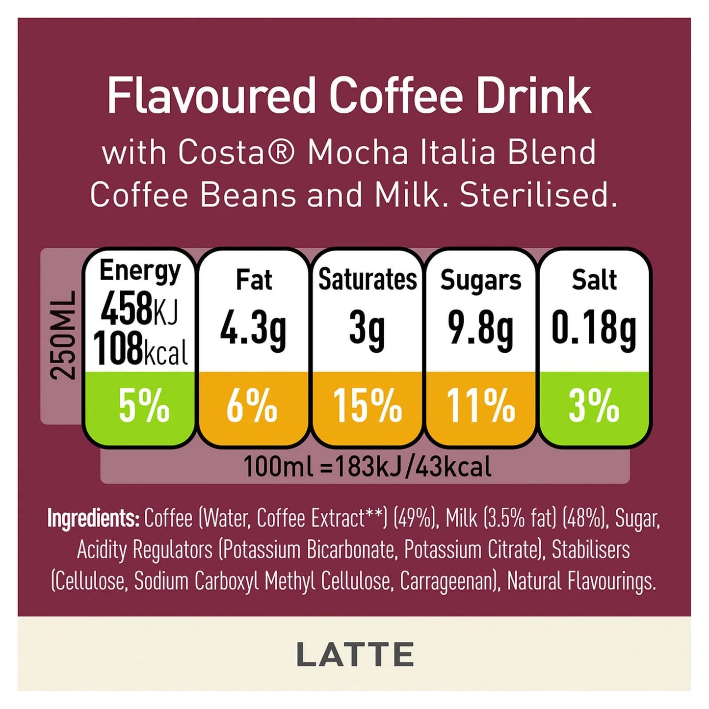 Costa Coffee Latte Iced Coffee 12x250ml