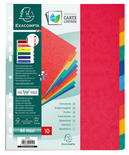 Exacompta Divider 10 Part A4 Extra Wide 225gsm Pressboard Assorted Colours - 2410E