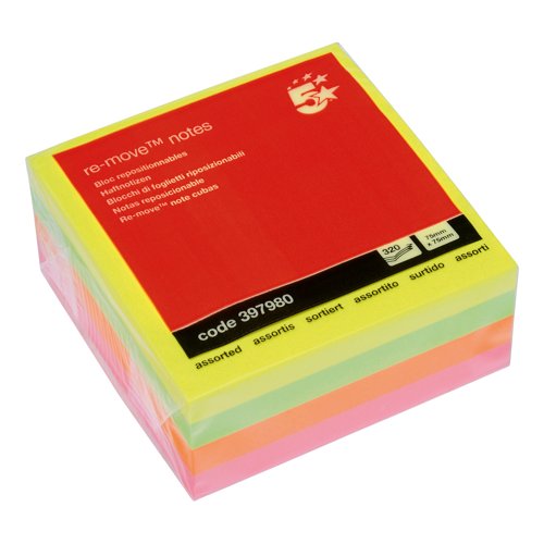 5 Star Re-move Sticky Notes Block Repositionable 400 Sheets 76x76mm Neon Rainbow 397980