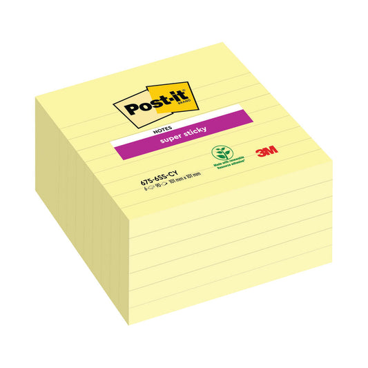 Post-It Super Sticky (101 x 101mm) Extra Large Lined Post-it Notes Canary Yellow (6 x 90 Sheets