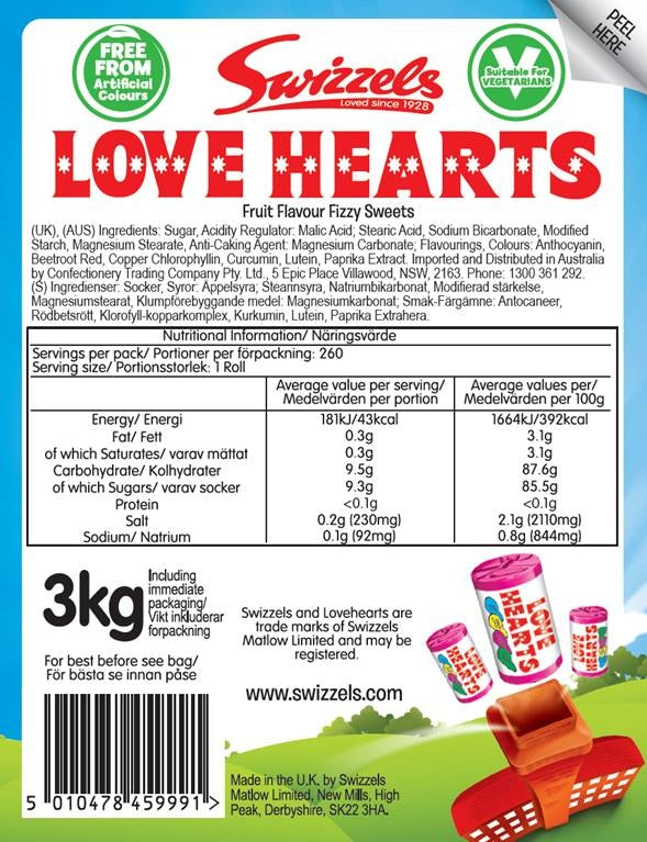 Swizzels Love Hearts Mini Rolls 3kg Bag | Party Treats | Party Favours | Promotion Goods | Approx 250 Rolls