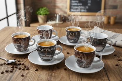 Fixtures Coffee Printed Design Espresso Cup & Saucer Set {12 Piece Set}
