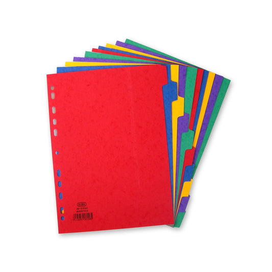 Elba Coloured Pressboard Dividers A4 Euro Punched 10 Part 400007513