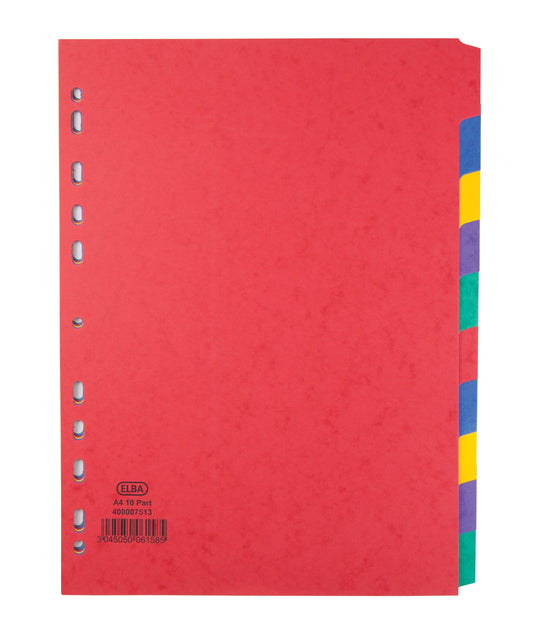 Elba Coloured Pressboard Dividers A4 Euro Punched 10 Part 400007513