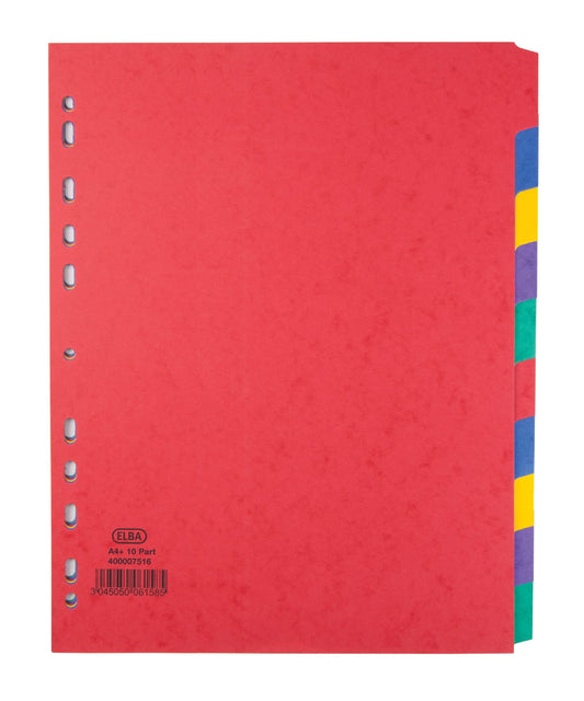 Elba Coloured Pressboard Dividers A4+ Euro Punched 10 Part 400007516