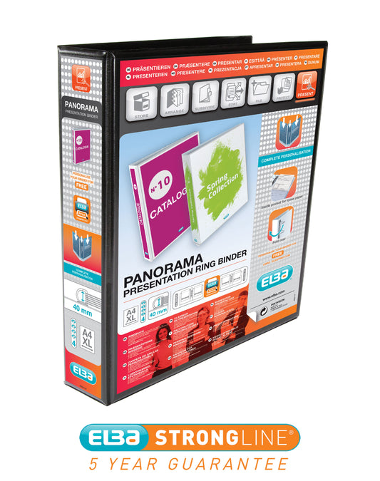 Elba Panorama Presentation Ring Binder Polypropylene 4 D-Ring A4 40mm Rings Black (Pack 6) - 400008417