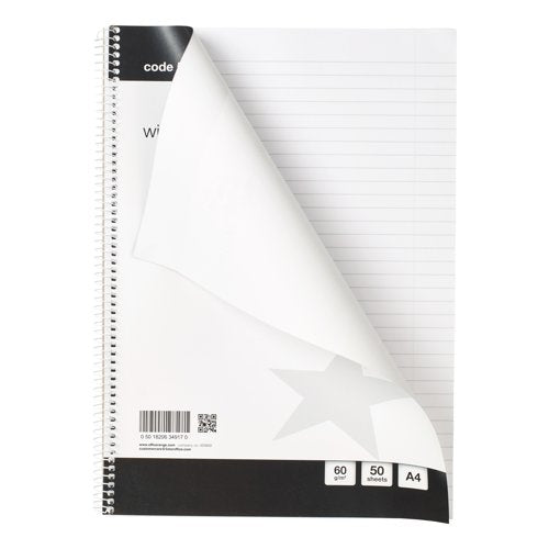 5 Star Spiral Notebook Ruled 60gsm 100 Page A4 Black/White (Pack of 10) 505331