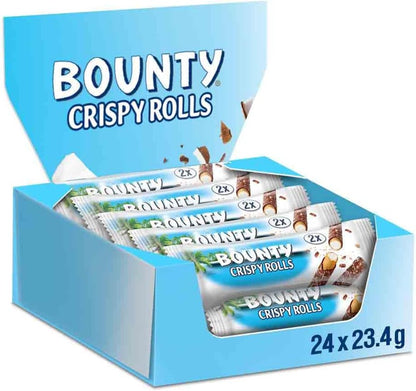 Bounty Crispy Rolls, Milk Chocolate, Coconut, Biscuit Snack bar, Single Pack 23.4 g (1 x 24 Bars)