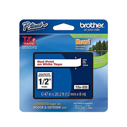 Brother P-Touch TZe Lam Tape Cassette 12mm x 8m Red on White Tape TZE232