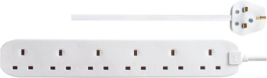 Masterplug Six Socket Extension Lead, 2 Metre, White
