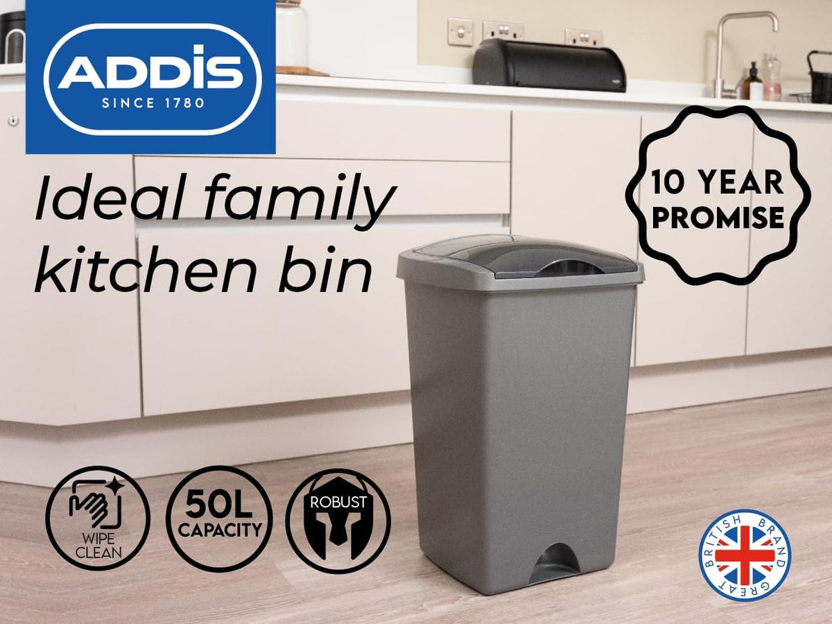 Addis 50 Litre Lift Up Lid Kitchen Rubbish Bin | Metallic | 510711.