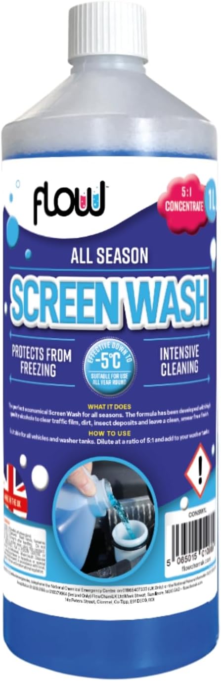 Flow 1L Screen Wash Concentrate | All Season Windscreen Cleaner | Protects to -5°C | Intensive Cleaning Formula