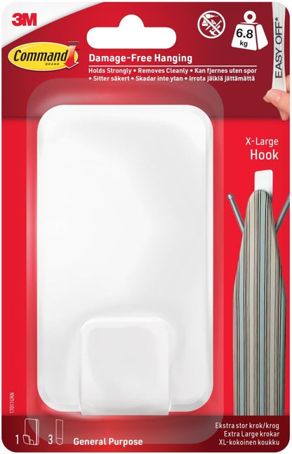 3M Command Utility Hook | X-Large for Heavyweight 6.8kg | 1 Hook in White and 3 Adhesive Strips