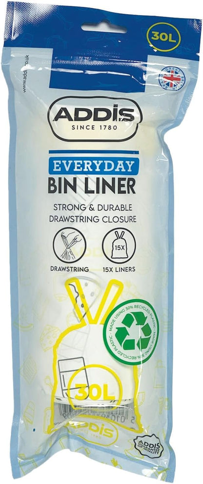 Addis 30L Bin Liners with Drawstring | 15 Bags x 30L