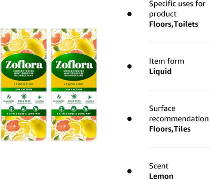 Zoflora Concentrated Multipurpose Disinfectant & Odor Eliminator, 3 in 1 Action, 500 ml, Lemon Zing